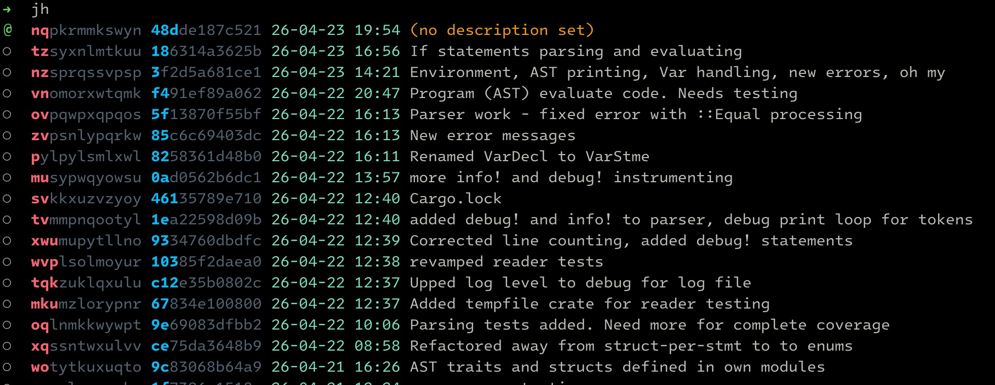 Image of formatted jj log output: